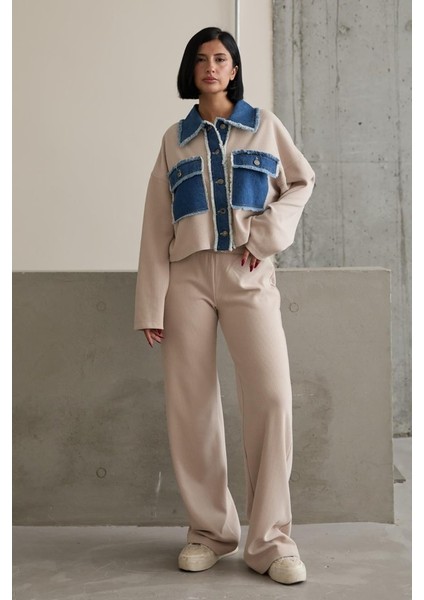 Bej Denim Garnili Gömlek ve Pantolon Takım