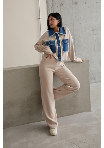 Bej Denim Garnili Gömlek ve Pantolon Takım