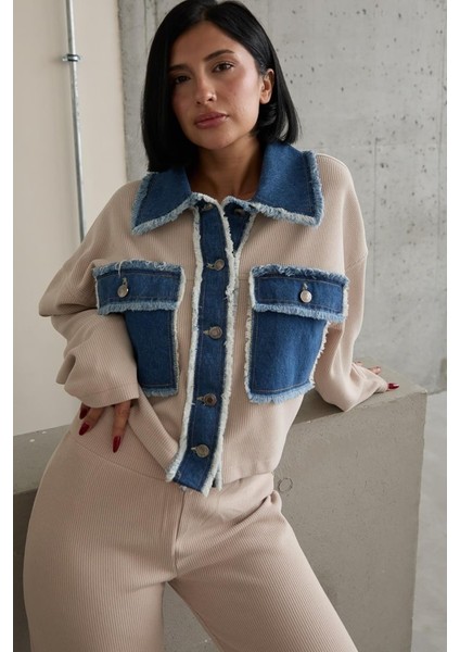 Bej Denim Garnili Gömlek ve Pantolon Takım