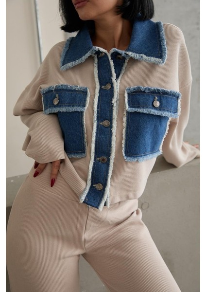 Bej Denim Garnili Gömlek ve Pantolon Takım