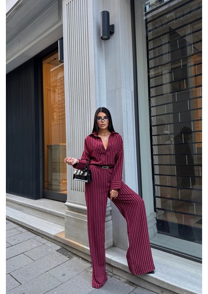 Çizgili Bluz - Pantolon Takım - Bordo