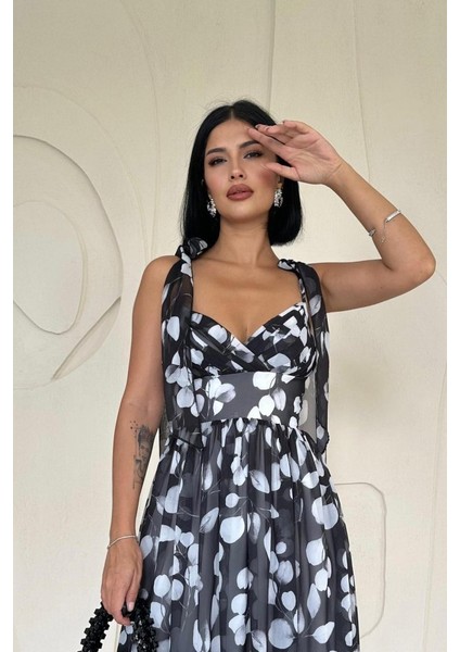 Siyah Şifon Drapeli Elbise