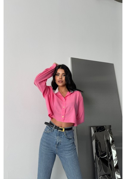 Crop Gömlek Beyaz Yaka ve Etiket Detaylı - Pembe