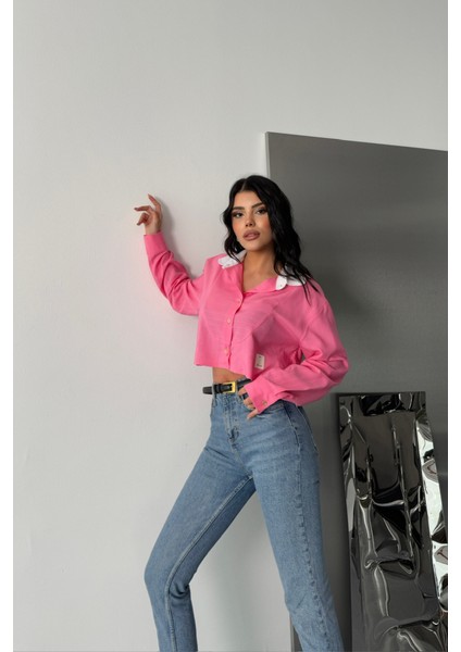 Crop Gömlek Beyaz Yaka ve Etiket Detaylı - Pembe