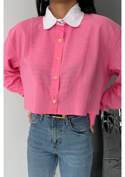 Crop Gömlek Beyaz Yaka ve Etiket Detaylı - Pembe