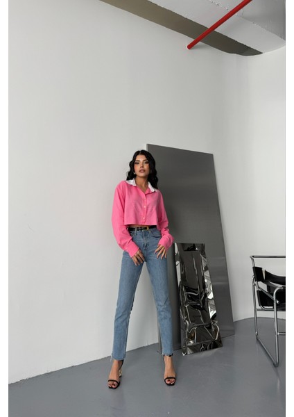 Crop Gömlek Beyaz Yaka ve Etiket Detaylı - Pembe