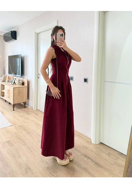 Dik Yuvarlak Yaka Önden Fermuarlı Sifir Kol Beli Oturtmalı Kolsuz Cepli Çan Etekli Uzun Elbise - Bordo