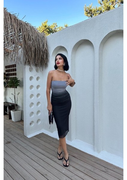 Gri Büzgülü Straplez Tül Elbise