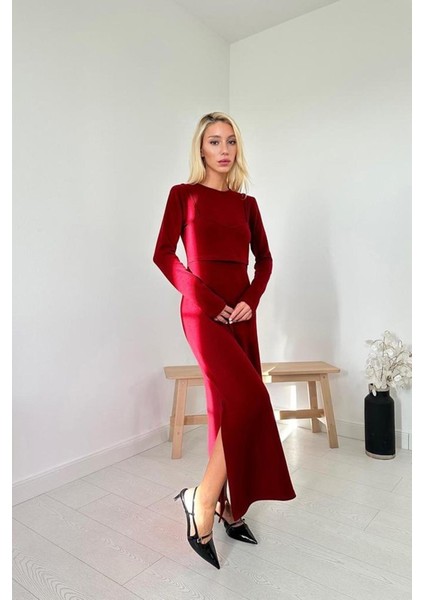 Bordo Croplu Akrilik Elbise