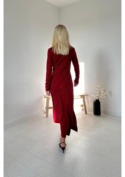 Bordo Croplu Akrilik Elbise