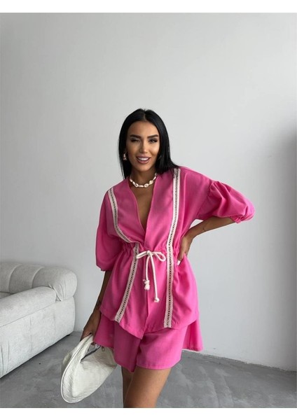 Keten Bel Büzgülü Bluz-Pantolon Takım - Fuşya