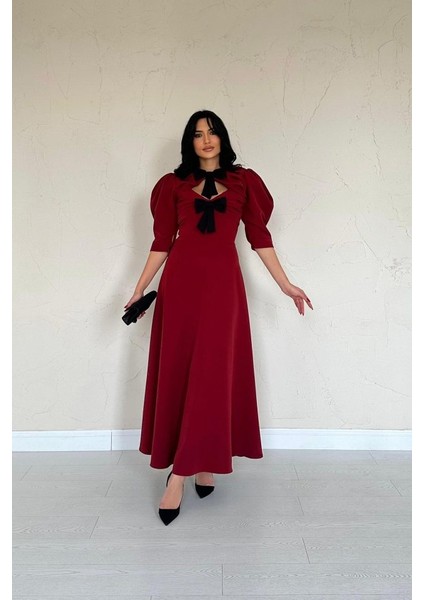Bordo Ön Dekolteli Fiyonk Garnili Uzun Elbise