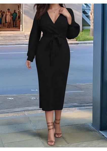 Kadın Uzun Kollu Kruvaze Yaka Belden Kuşaklı Midi Ithal Krep Elbise