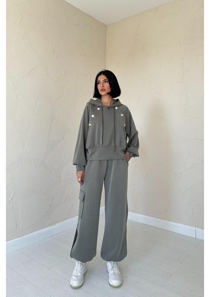 Haki Kapüşonlu Sweatshirt ve Kargo Pantolon Takım