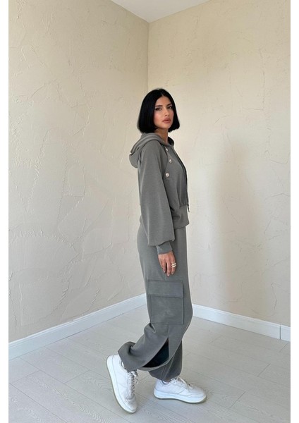 Haki Kapüşonlu Sweatshirt ve Kargo Pantolon Takım