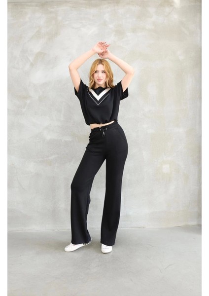 Osy Modal Yumuşak Dokulu Kumaş Bisiklet Yaka Parçalı Detaylı Kısa Kollu Takım - Siyah