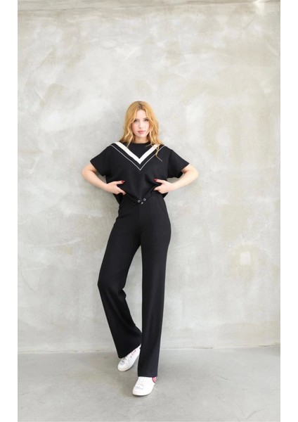 Osy Modal Yumuşak Dokulu Kumaş Bisiklet Yaka Parçalı Detaylı Kısa Kollu Takım - Siyah fiyatları