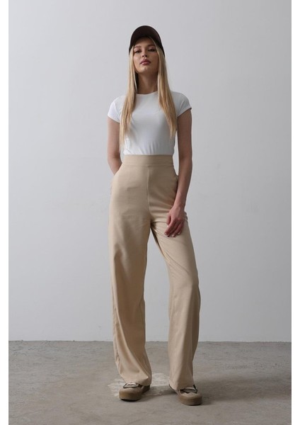 Beli Yarım Lastikli Palazzo Pantolon - Camel modelleri