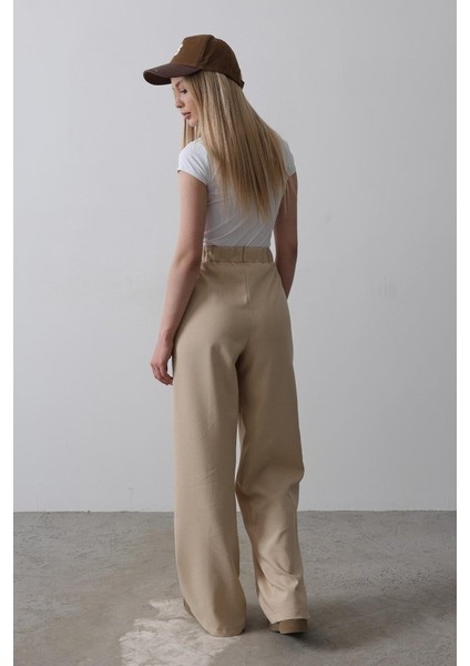 Beli Yarım Lastikli Palazzo Pantolon - Camel fırsatları