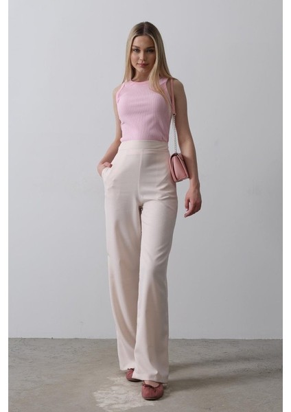 Beli Yarım Lastikli Palazzo Pantolon - Pudra