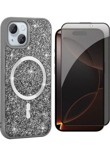 Apple iPhone 15 Kılıf Pırlanta Tasarımlı M-Safe Şarj Özellikli Zore Mozaik Silikon Kapak + Hayalet Ekran Koruyucu