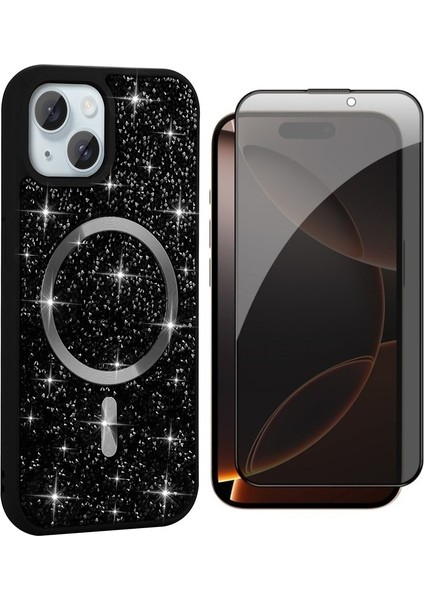 Apple iPhone 15 Kılıf Pırlanta Tasarımlı M-Safe Şarj Özellikli Zore Mozaik Silikon Kapak + Hayalet Ekran Koruyucu