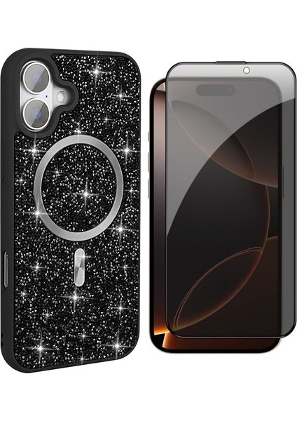 Apple iPhone 16 Plus Kılıf Pırlanta Tasarımlı M-Safe Şarj Özellikli Zore Mozaik Silikon Kapak + Hayalet Ekran Koruyucu