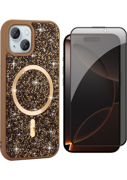 Apple iPhone 15 Plus Kılıf Pırlanta Tasarımlı M-Safe Şarj Özellikli Zore Mozaik Silikon Kapak + Hayalet Ekran Koruyucu