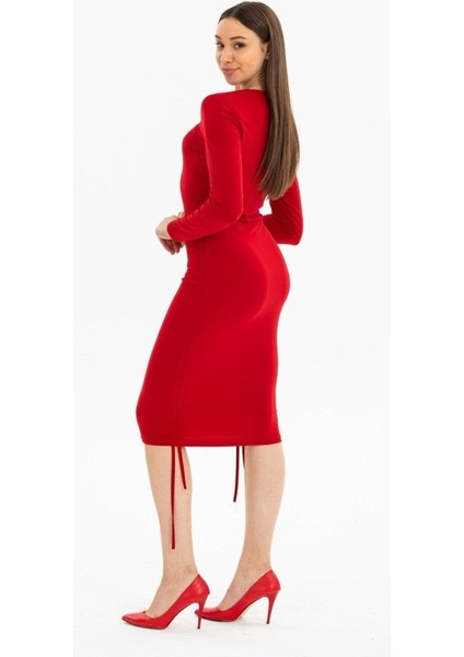 Kadın Uzun Kol Büzgü Detaylı Sandy Kumaş Ayarlanabilir Boy Fırsat Ürün Elbise fırsatları