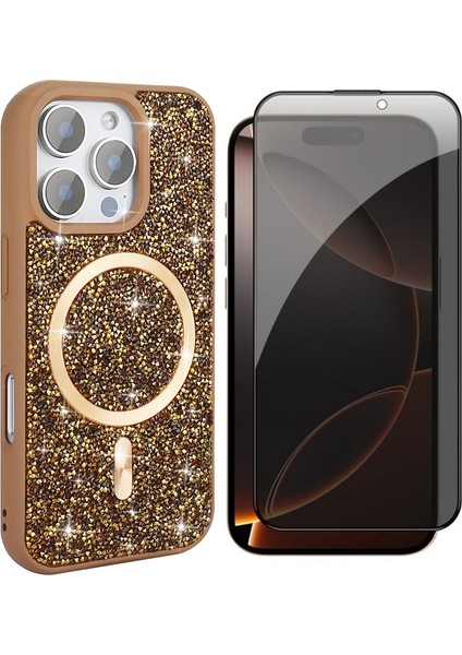 Apple iPhone 15 Pro Max Kılıf Pırlanta Tasarımlı M-Safe Şarj Özellikli Zore Mozaik Silikon Kapak + Hayalet Ekran Koruyucu