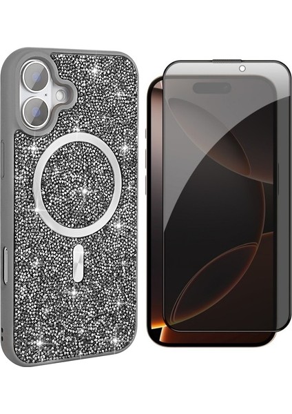 Apple iPhone 16 Plus Kılıf Pırlanta Tasarımlı M-Safe Şarj Özellikli Zore Mozaik Silikon Kapak + Hayalet Ekran Koruyucu