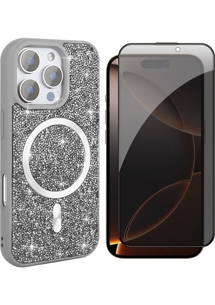 Apple iPhone 16 Pro Max Kılıf Pırlanta Tasarımlı M-Safe Şarj Özellikli Zore Mozaik Silikon Kapak + Hayalet Ekran Koruyucu
