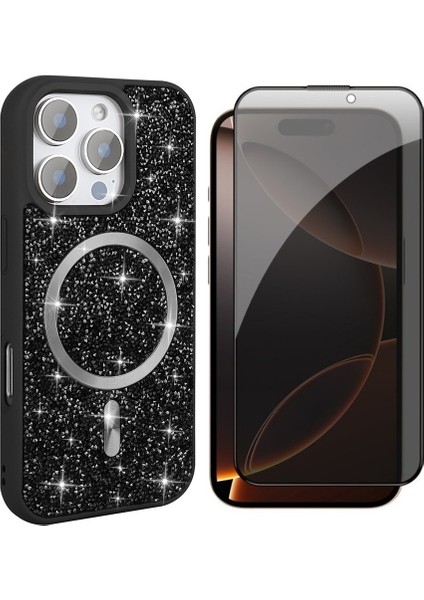 Apple iPhone 15 Pro Max Kılıf Pırlanta Tasarımlı M-Safe Şarj Özellikli Zore Mozaik Silikon Kapak + Hayalet Ekran Koruyucu