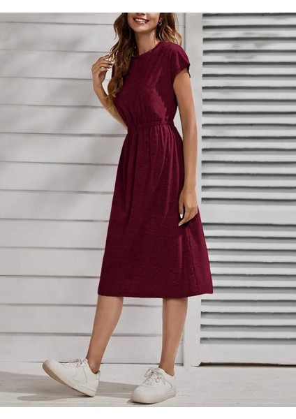Kadın Kısa Kollu Bisiklet Yaka Belden Lastikli Midi Viskon Elbise fiyatları