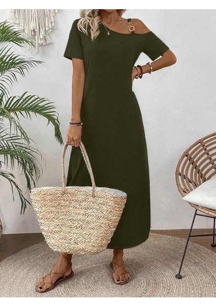 Kadın Tek Omuzdan Açık Toka Detaylı Yandan Yırtmaçlı Maksi Boy Viskon Elbise modelleri