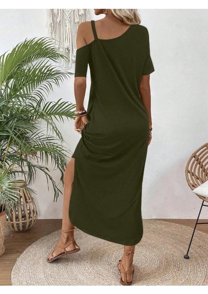 Kadın Tek Omuzdan Açık Toka Detaylı Yandan Yırtmaçlı Maksi Boy Viskon Elbise fırsatları