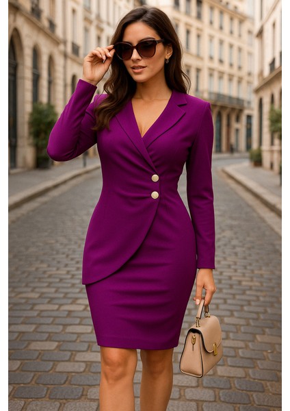 Kadın Ceket Yaka Düğme Detaylı Atlas Kumaş Elbise