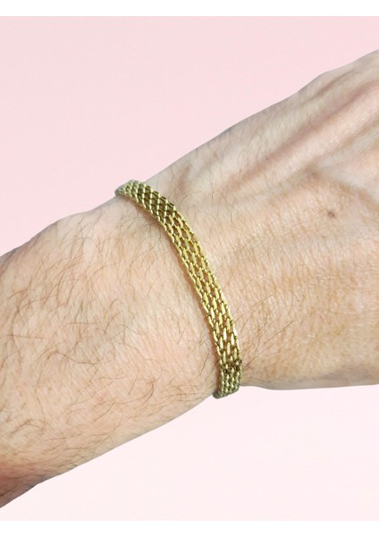 Çelik Bileklik Sık Örme Lüks Model 5 mm Genişlik 19 cm Uzunluk 5 cm Ek Altın Sarısı Gold