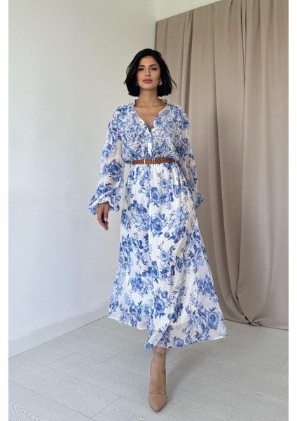 Mavi Biye Detaylı Elbise