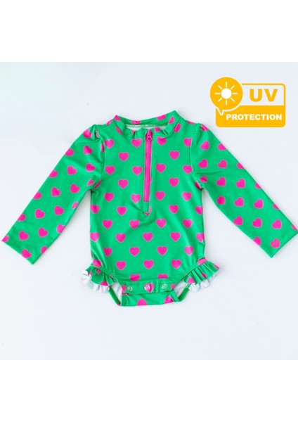 Önden Fermuarlı - Alttan Çıtçıtlı Mayo Kalpler Yeşil Pembe