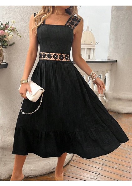 Kadın Askılı ve Beli Dantel Detaylı Fırfırlı Uzun Bürümcük Elbise