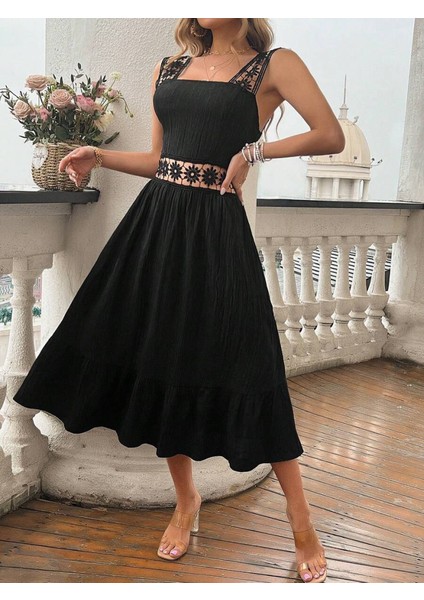 Kadın Askılı ve Beli Dantel Detaylı Fırfırlı Uzun Bürümcük Elbise fırsatları