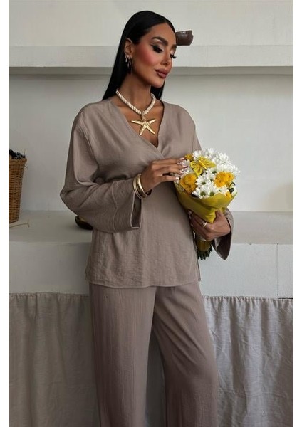 Kruvaze Model Klasik Pantolonlu Çupra Keten Takım 10191