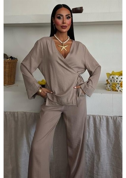 Kruvaze Model Klasik Pantolonlu Çupra Keten Takım 10191