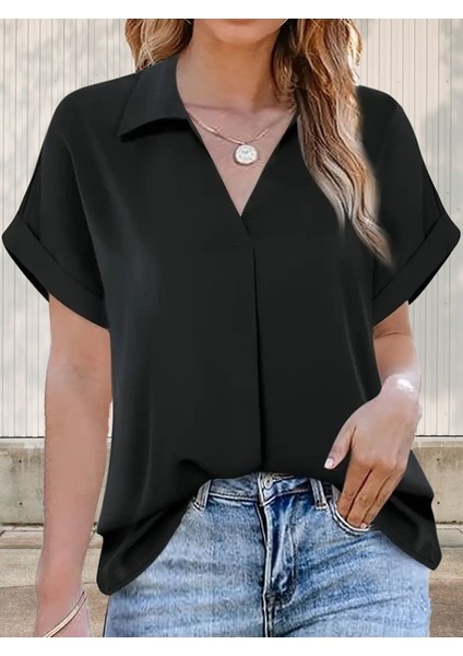 Kadın Kısa Kollu Yakalı Uzun Sandy Bluz