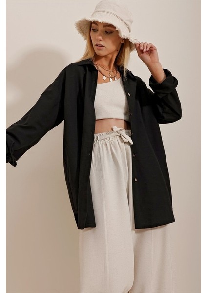 Kadın Keten Kumaş Oversize Gömlek