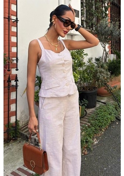 Kalın Askılı Bluz Pantolon Keten Takım 10187