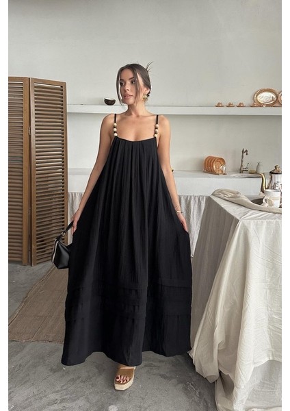 Siyah Askılı Müslin Elbise