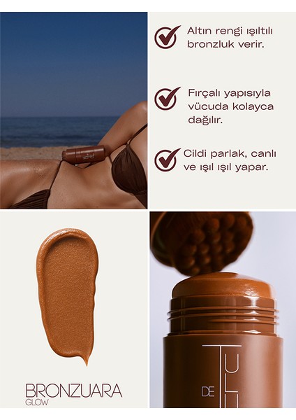 Bronzaura Glow | Güneş Altında Kullanılan Gold Işıltılı Bronzlaştırıcı Fırçalı Vücut Stick | Kakao Jojoba Havuç Yağı Içeren
