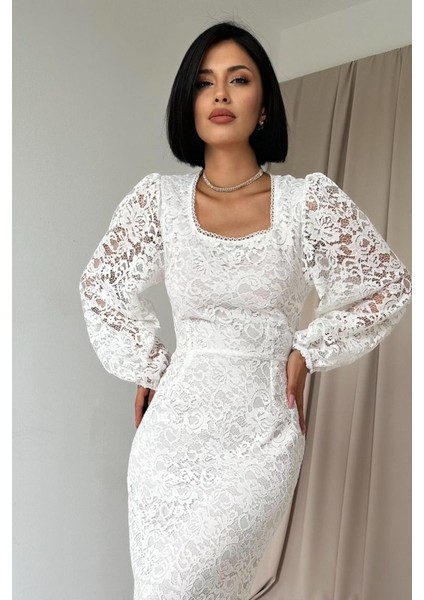 Beyaz Güpür Detaylı Dantel Elbise fiyatları
